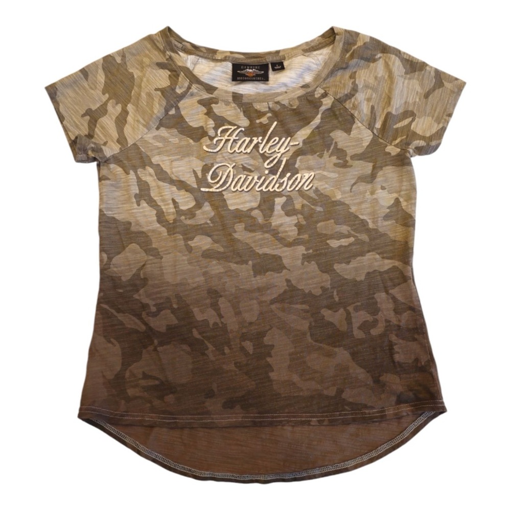 Harley Davidson Too T-Shirt Women’s size Small Camo Camouflage Tee Round Neck
